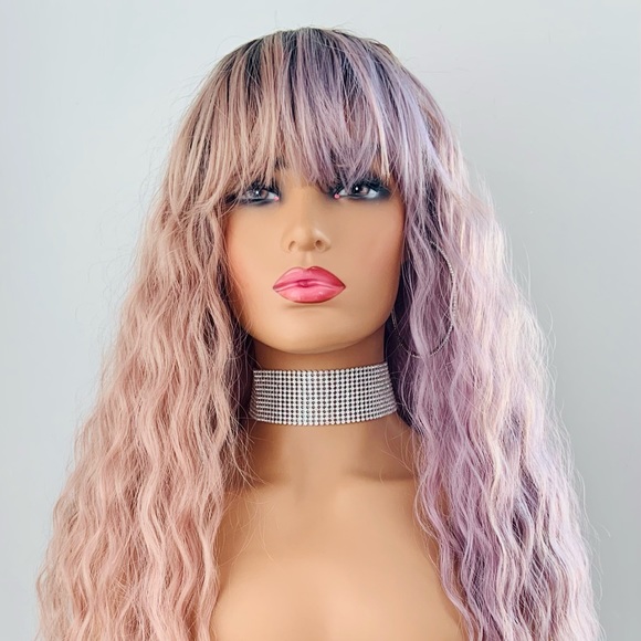 Other - Long 36” Pink Coral & Pale Purple Premium Synthetic Wig with Bangs